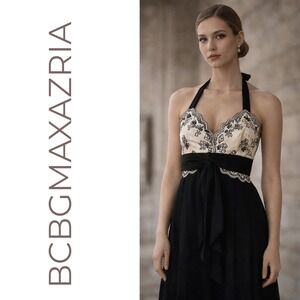 BCBGMAXAZRIA Halter Dress Black Ivory Embroidered Y2K Evening Size 0